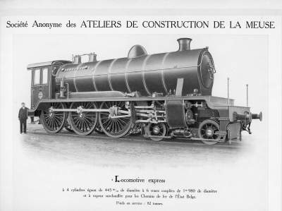<b>Locomotive express</b><br>à 4 cylindres égaux de 445 m/m de diamètre à 6 roues couplées de 1m980 de diamètre et à vapeur surchauffée<br>pour les Chemins de fer de l'Etat Belge 
